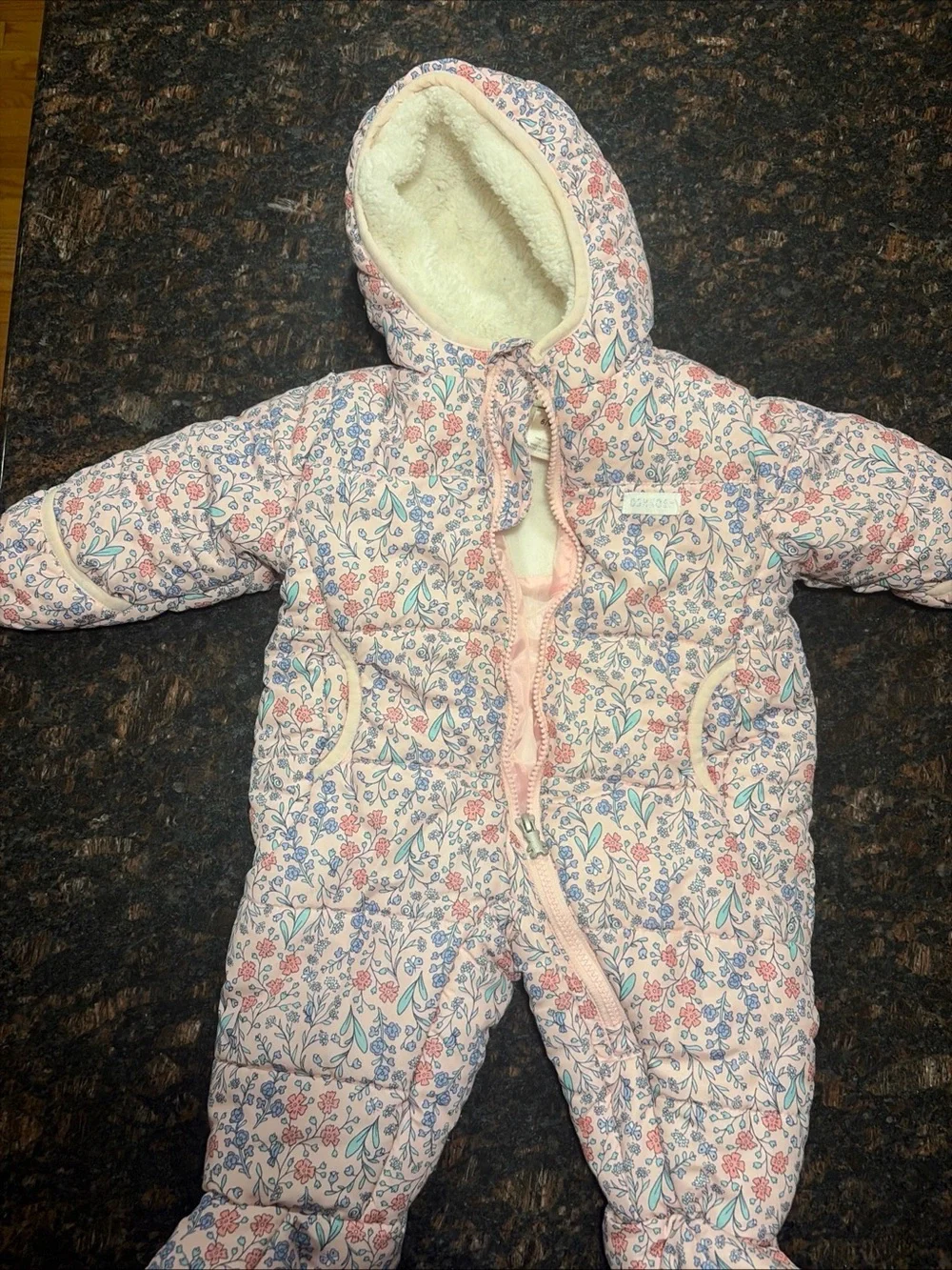 OshKosh B'gosh Pink Floral Puffer Snowsuit with Blue Accents 6-9M Months 2017